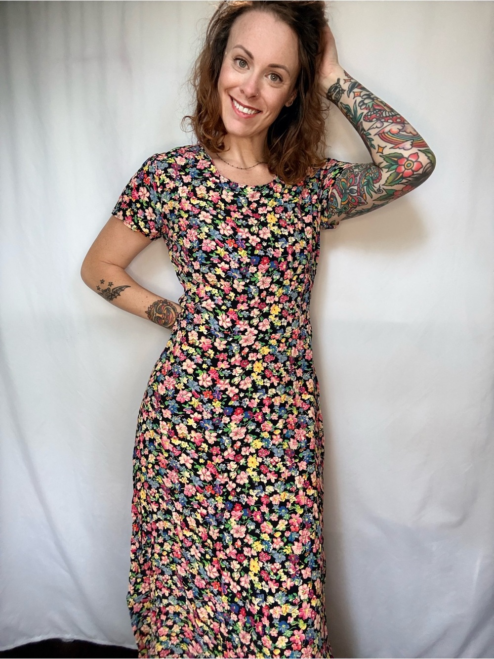 VINTAGE The Limited Floral Maxi Dress in Black with Pink, Yellow and Blue Flower